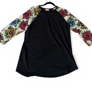 LuLaRoe Randy Black Raglan Top with Multicolor Floral Sleeves